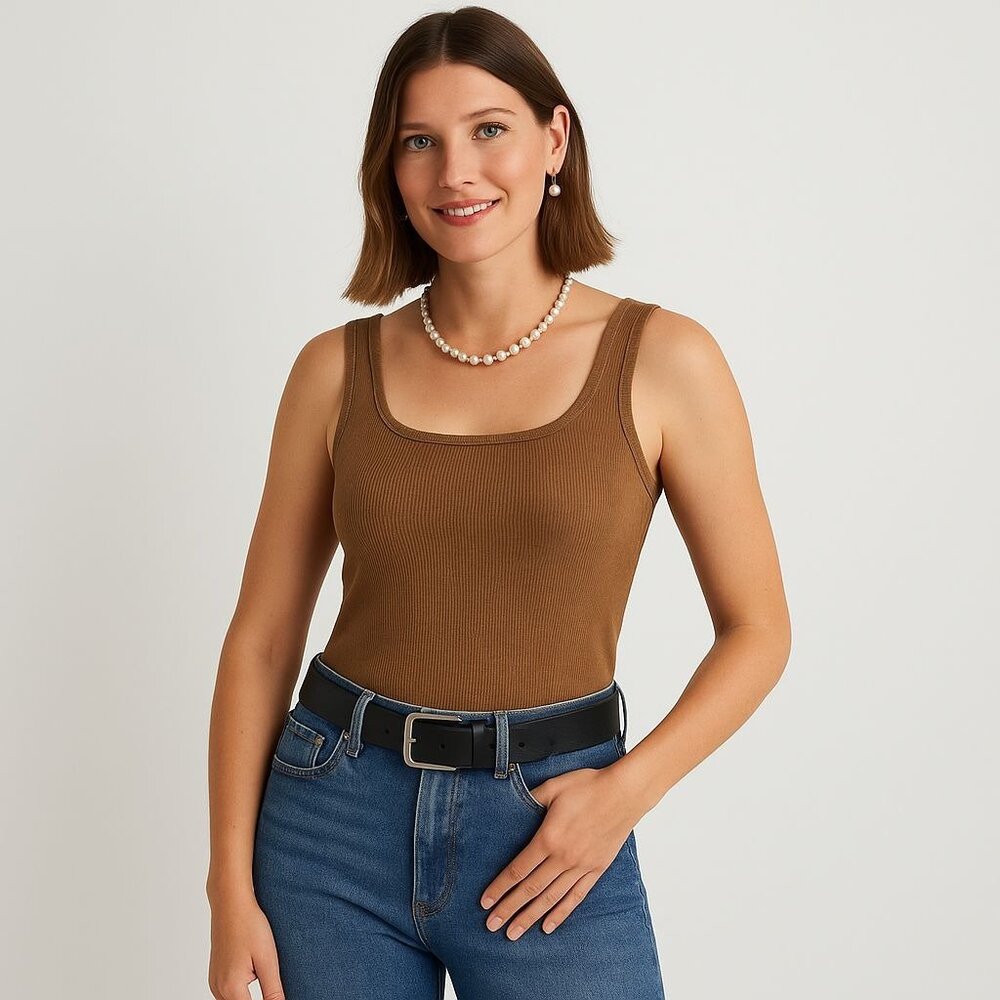 Madewell Rib Square-Neck Sweater Tank Womens XXS Golden Bronze Brown Stylish Top - Picture 2 of 16